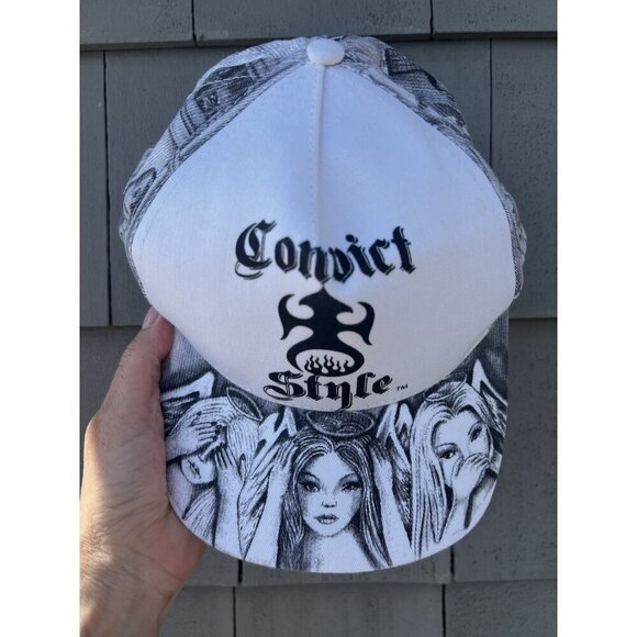 RARE Convict Style hand-drawn white gray cap streetwear skater vintage Y2K - Picture 2 of 9